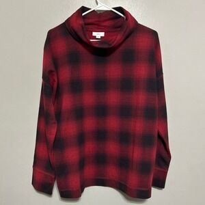 J. Jill Fit Pullover Sweater M Red Black Plaid Cowl Neck Stretch Cabin Holiday